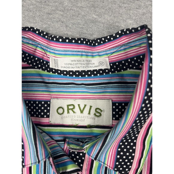 Orvis Womens Wrinkle Free Shirt Button Multicolor Stripe Polka Dots Bright Sz 12 - Picture 2 of 6